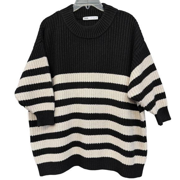 ZARA Oversized Striped Sweater Black Cream Wool Blend Slouchy Fit S M or L - Picture 1 of 5